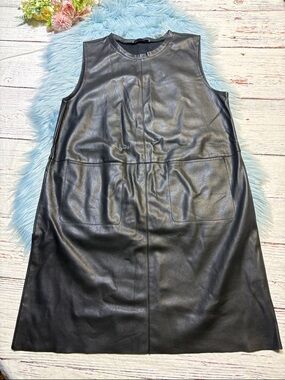 Zara Black Faux Leather Mini Shift Dress Sz L